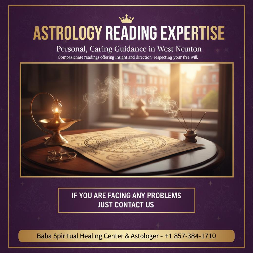 Astrology reading with open birth chart and lamp in West Newton room