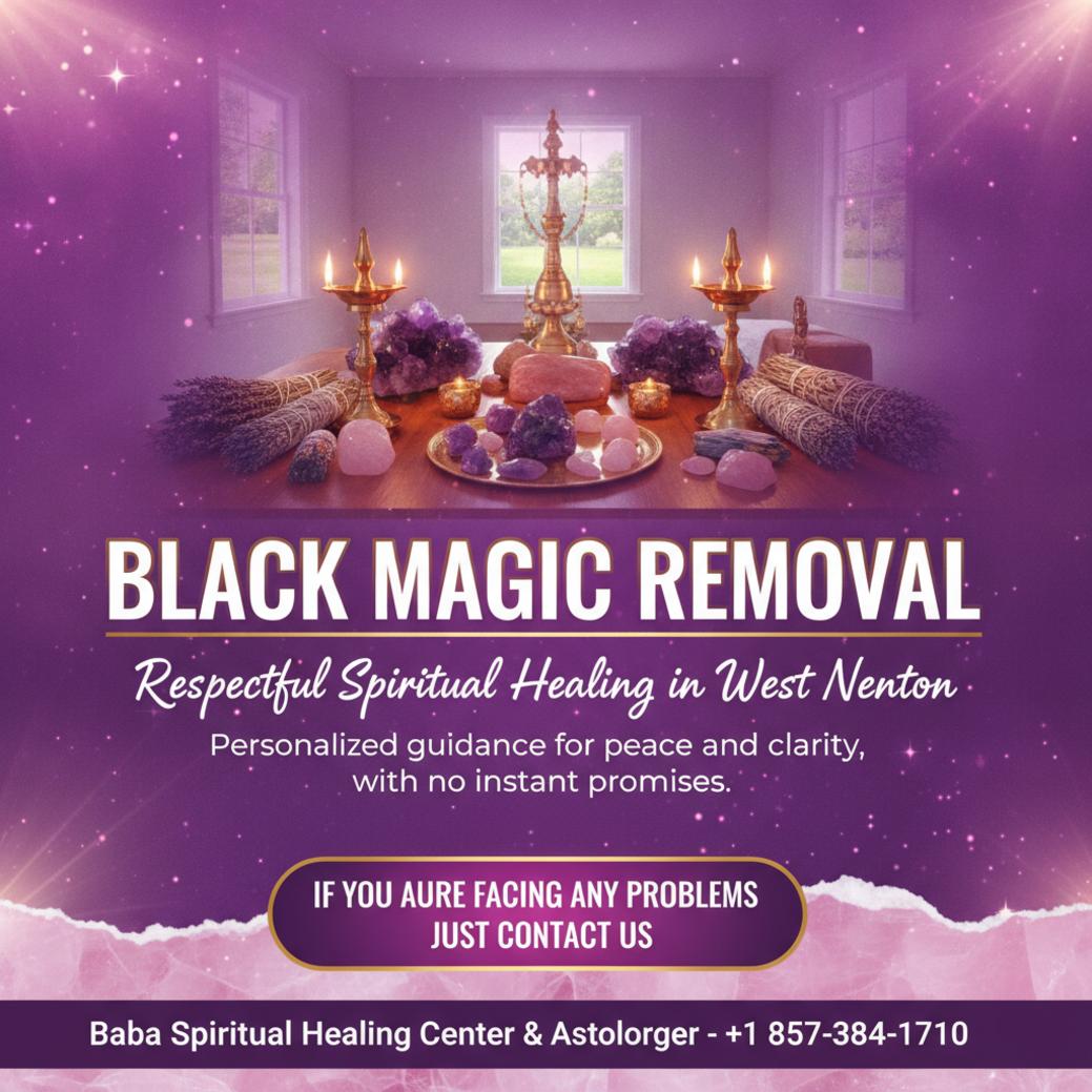 Black magic removal altar with brass lamps and crystals in West Newton room
