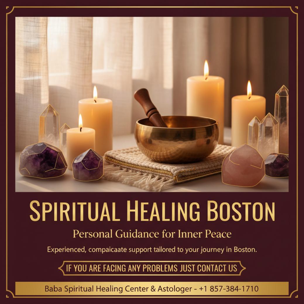 Spiritual healer setting with candles and crystals in Boston calm room