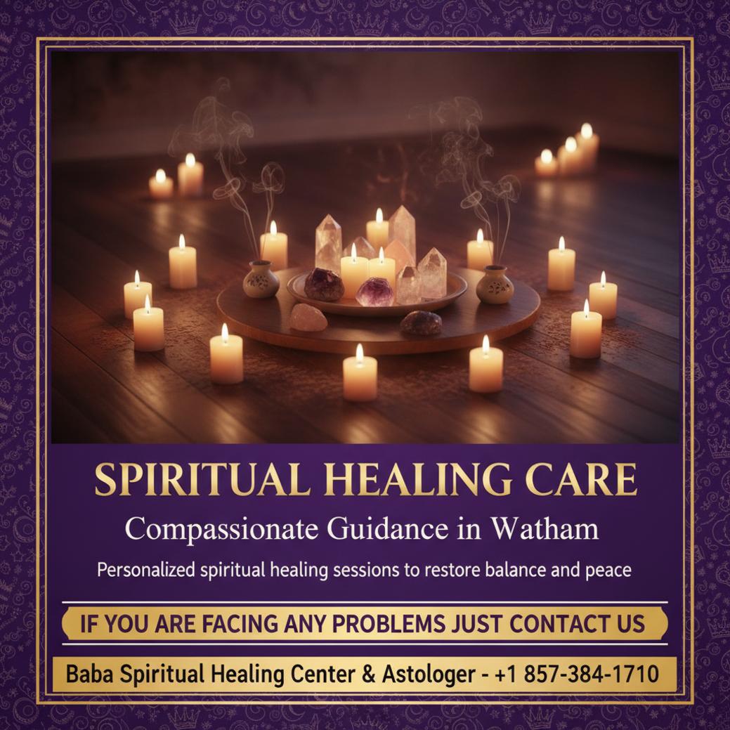 spiritual healing room setup with crystals and candles in Waltham MA