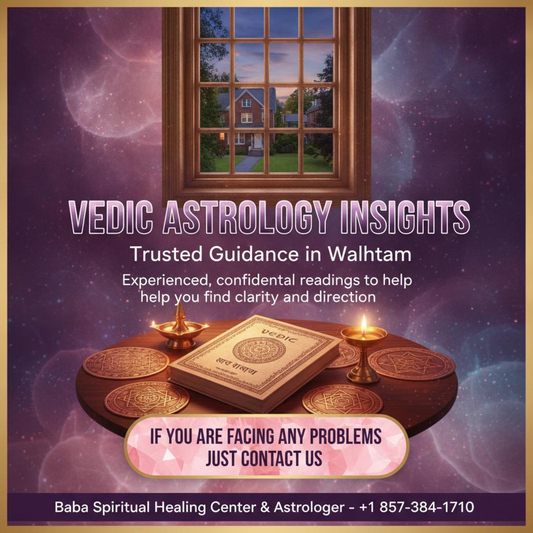 Vedic astrologer book and yantras on wooden table in Waltham room